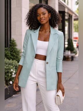 Alice + Olivia Mint Blue Faux Leather Blazer XS Designer Office Career Jacket